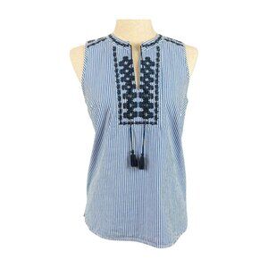 J. CREW SLEEVELESS BLUE AND WHITE STRIPED, EMBROIDERED TOP, SIZE 0